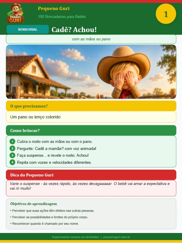 Página interna real do ebook com a atividade sensorial Cadê? Achou!