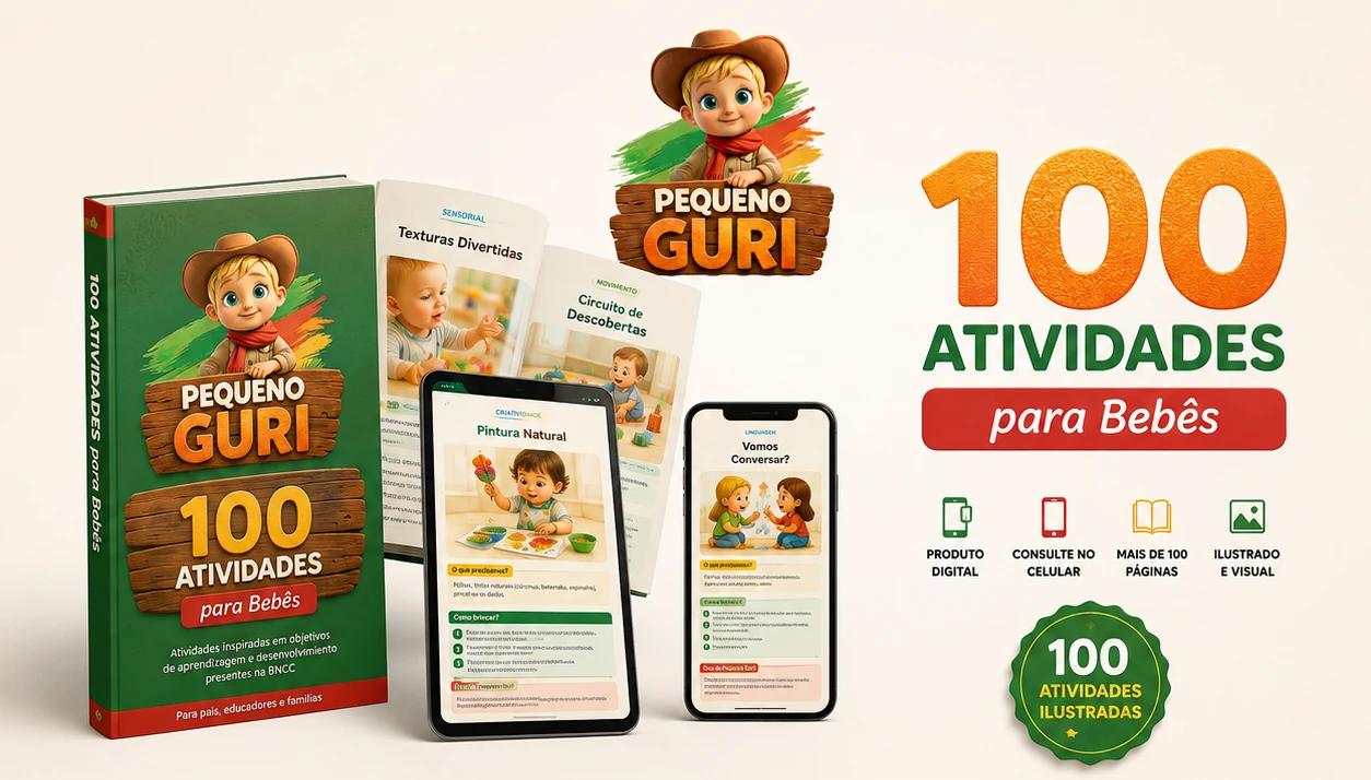 Composição visual do ebook Pequeno Guri com livro, páginas ilustradas, tablet e celular
